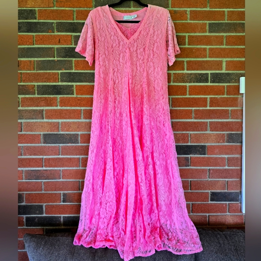Vintage Starina Womens Pink Lace Crinkle Maxi Dress Size M Fairy Cottage A-Line